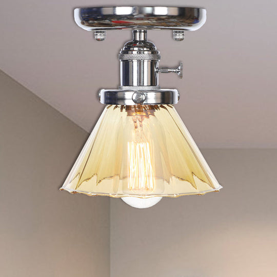 Industrial Chrome Ceiling Light - Semi Flush Mount with Clear/Amber Glass Bulb