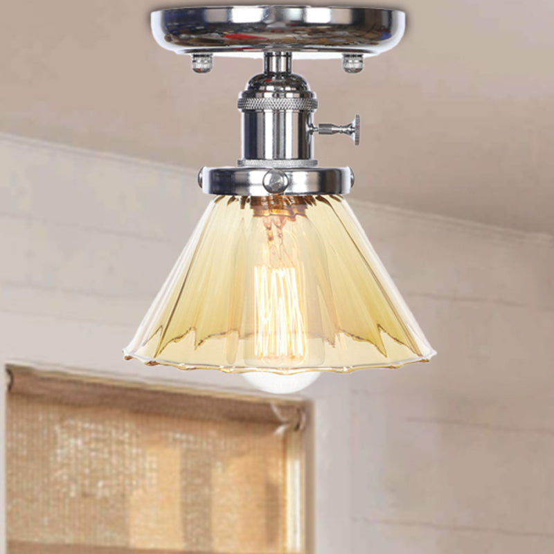 Industrial Chrome Ceiling Light - Semi Flush Mount with Clear/Amber Glass Bulb