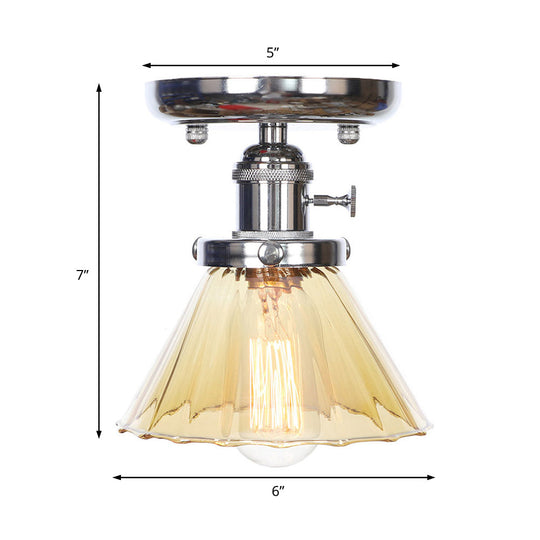 Industrial Chrome Ceiling Light - Semi Flush Mount with Clear/Amber Glass Bulb