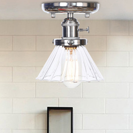 Industrial Chrome Ceiling Light - Semi Flush Mount with Clear/Amber Glass Bulb