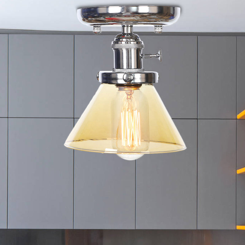 Industrial Chrome Ceiling Light - Semi Flush Mount With Clear/Amber Glass Bulb Amber / Cone