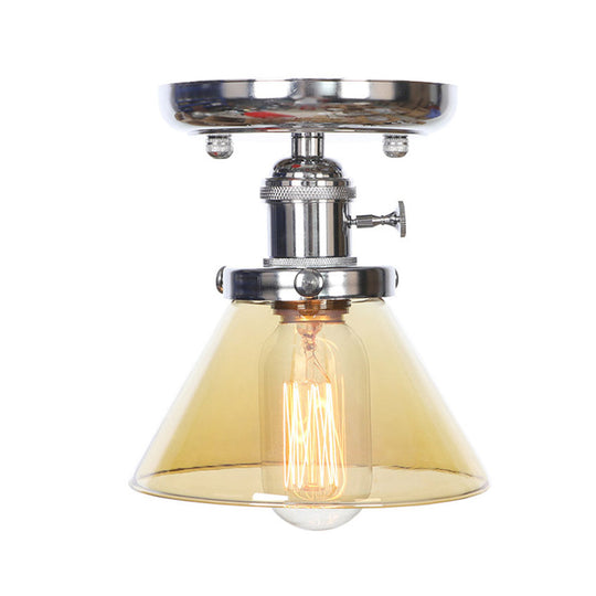 Industrial Chrome Ceiling Light - Semi Flush Mount with Clear/Amber Glass Bulb