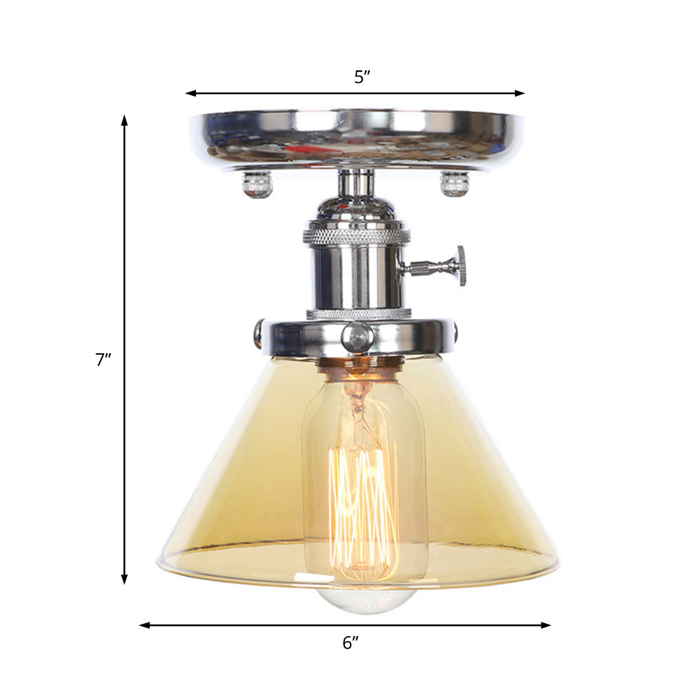 Industrial Chrome Ceiling Light - Semi Flush Mount with Clear/Amber Glass Bulb