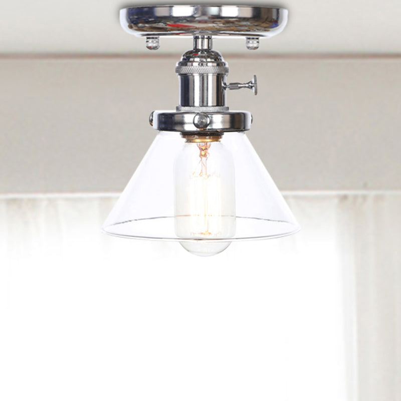 Industrial Chrome Ceiling Light - Semi Flush Mount with Clear/Amber Glass Bulb