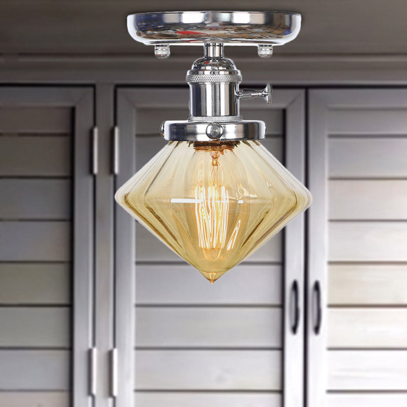 Industrial Chrome Ceiling Light - Semi Flush Mount with Clear/Amber Glass Bulb