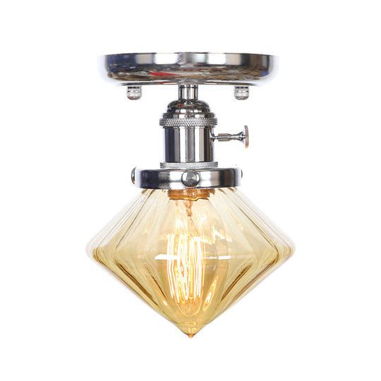 Industrial Chrome Ceiling Light - Semi Flush Mount with Clear/Amber Glass Bulb