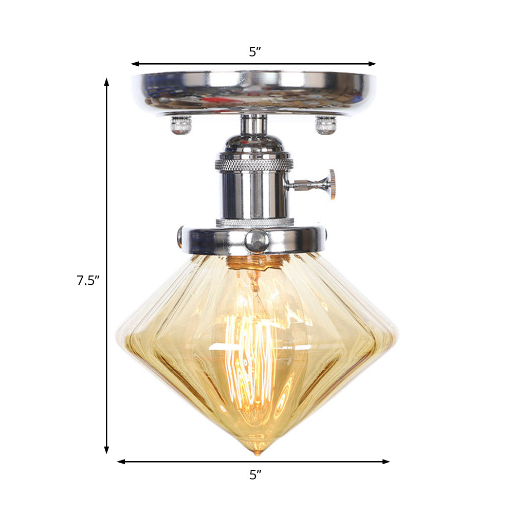 Industrial Chrome Ceiling Light - Semi Flush Mount with Clear/Amber Glass Bulb