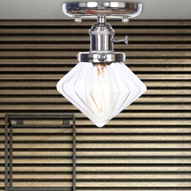 Industrial Chrome Ceiling Light - Semi Flush Mount with Clear/Amber Glass Bulb