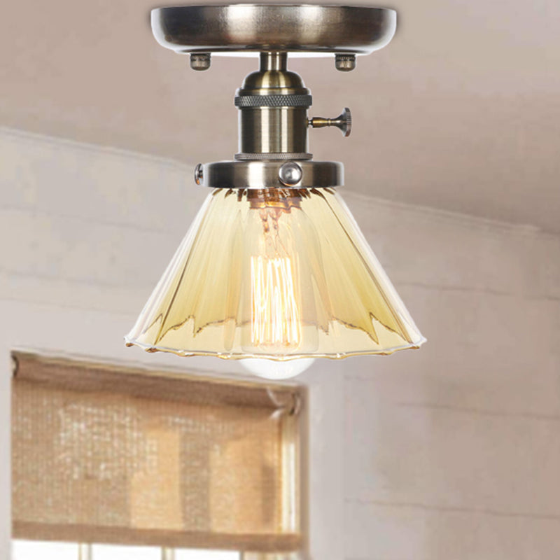 Industrial Cone/Bell/Rhombus Glass Semi Flush Mount Light - Bronze Finish