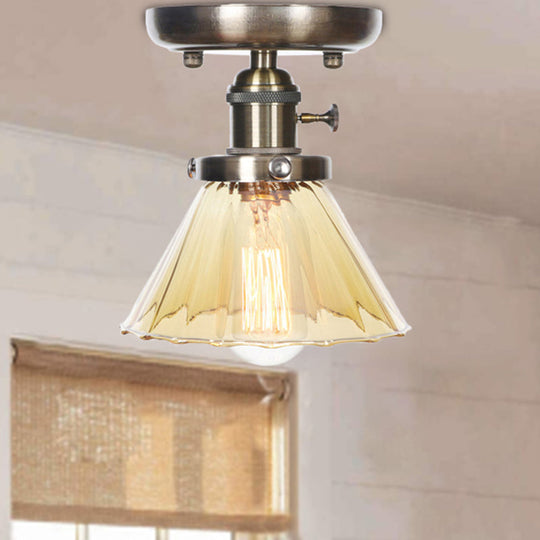 Industrial Cone/Bell/Rhombus Glass Semi Flush Mount Light - Bronze Finish Amber / Bell