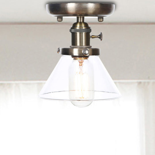 Industrial Cone/Bell/Rhombus Glass Semi Flush Mount Light - Bronze Finish Clear / Cone