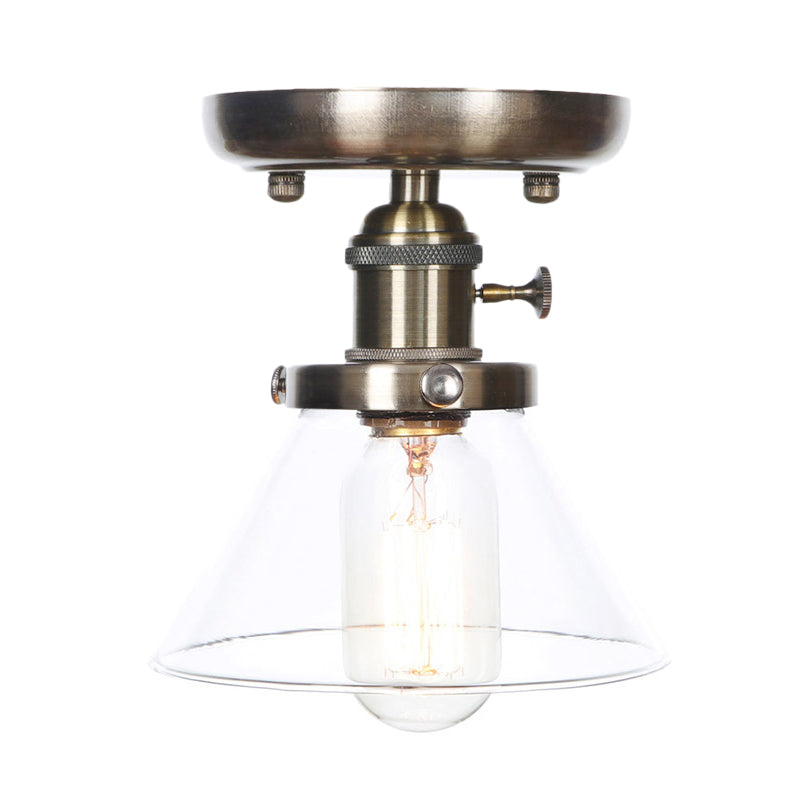 Industrial Cone/Bell/Rhombus Glass Semi Flush Mount Light - Bronze Finish