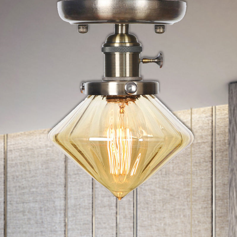 Industrial Cone/Bell/Rhombus Glass Semi Flush Mount Light - Bronze Finish