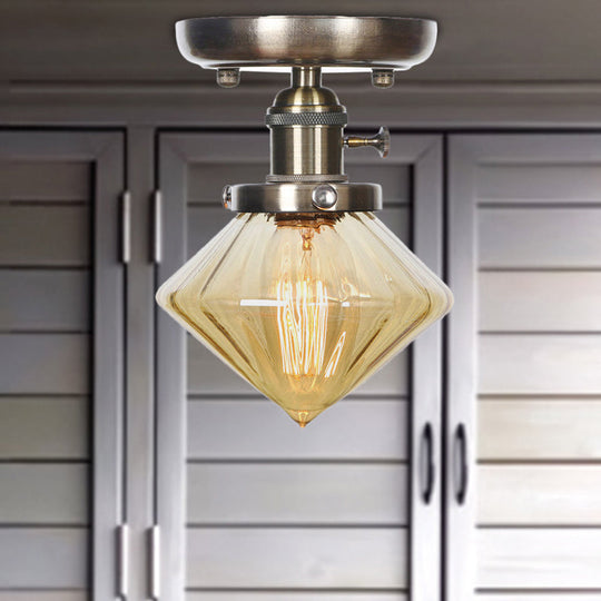 Industrial Cone/Bell/Rhombus Glass Semi Flush Mount Light - Bronze Finish