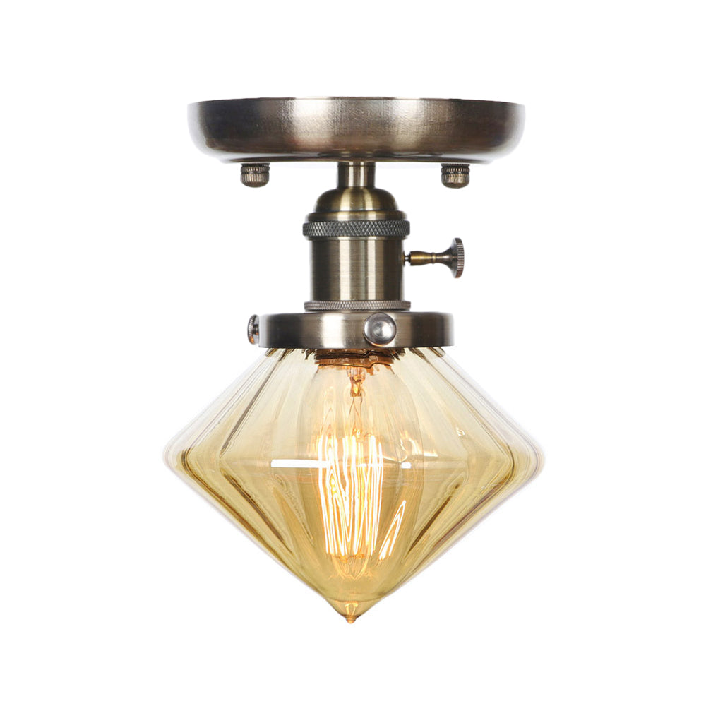 Industrial Cone/Bell/Rhombus Glass Semi Flush Mount Light - Bronze Finish