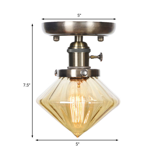 Industrial Cone/Bell/Rhombus Glass Semi Flush Mount Light - Bronze Finish