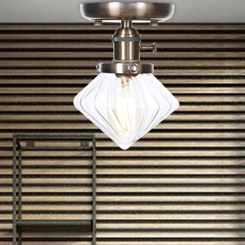 Industrial Cone/Bell/Rhombus Glass Semi Flush Mount Light - Bronze Finish