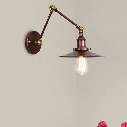 Industrial Style Metal Black/Rust Wall Mount Light With Swing Arm And Flat Shade - 1 Bulb Lamp