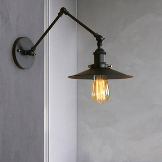 Industrial Style Metal Black/Rust Wall Mount Light With Swing Arm And Flat Shade - 1 Bulb Lamp Black