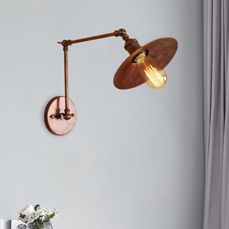 Industrial Style Metal Black/Rust Wall Mount Light With Swing Arm And Flat Shade - 1 Bulb Lamp Rust