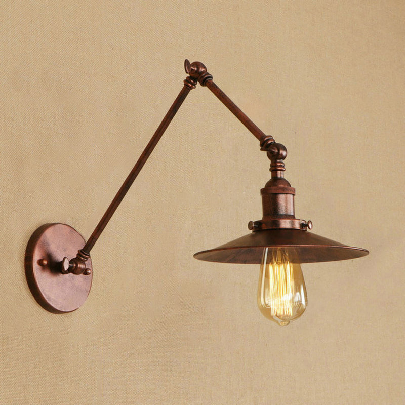 Industrial Style Metal Black/Rust Wall Mount Light With Swing Arm And Flat Shade - 1 Bulb Lamp