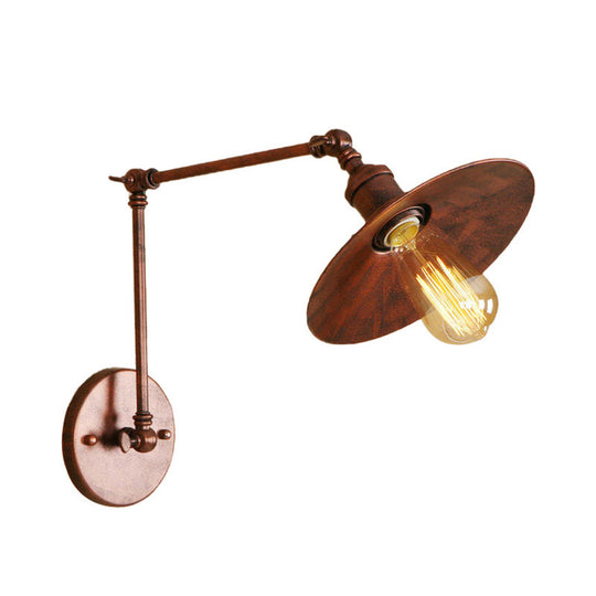 Industrial Style Metal Black/Rust Wall Mount Light With Swing Arm And Flat Shade - 1 Bulb Lamp