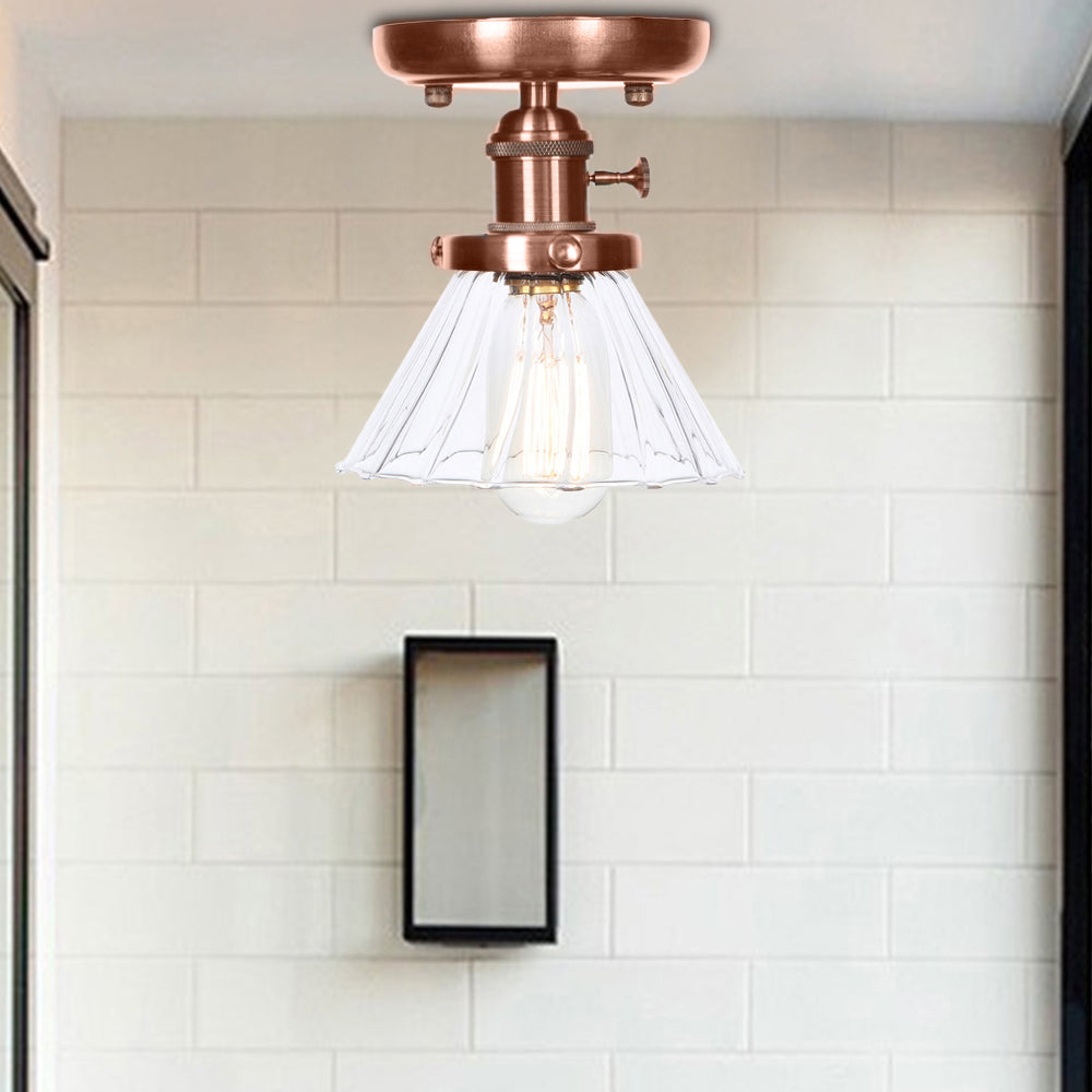 Industrial Weathered Copper Semi Flush Light with Clear/Amber Glass - 1 Light Cone/Bell Fixture