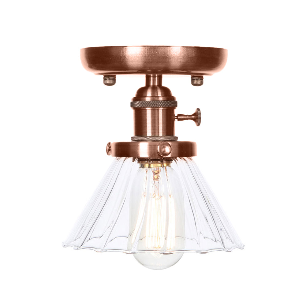 Industrial Weathered Copper Semi Flush Light with Clear/Amber Glass - 1 Light Cone/Bell Fixture