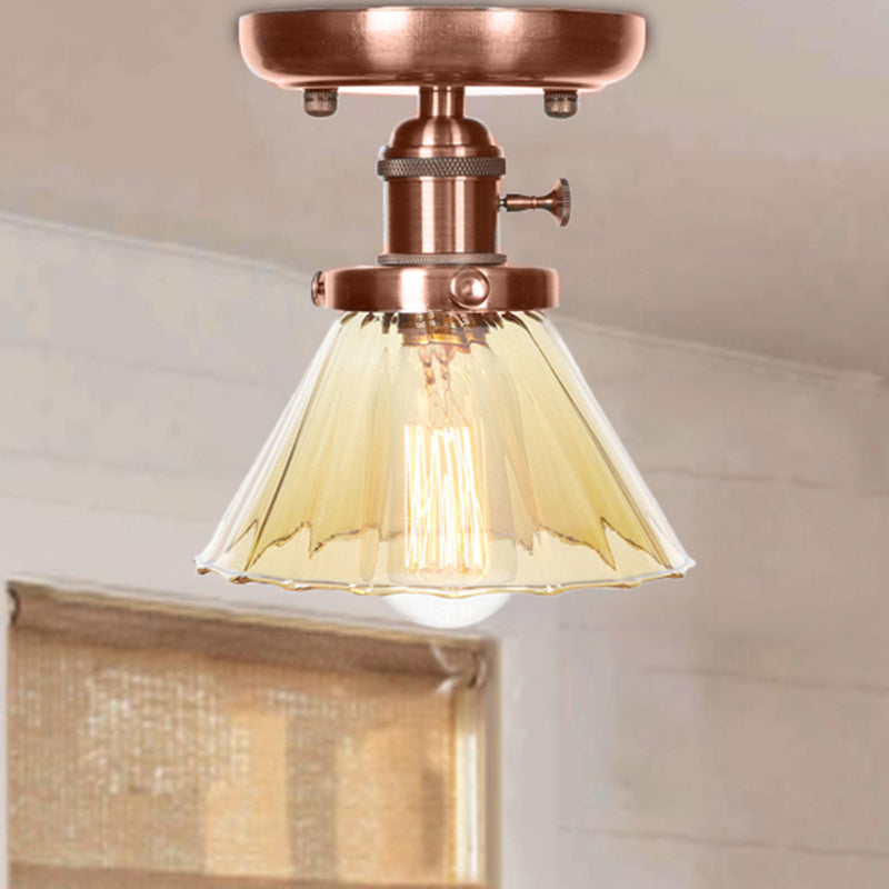 Industrial Weathered Copper Semi Flush Light with Clear/Amber Glass - 1 Light Cone/Bell Fixture