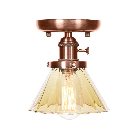 Industrial Weathered Copper Semi Flush Light with Clear/Amber Glass - 1 Light Cone/Bell Fixture