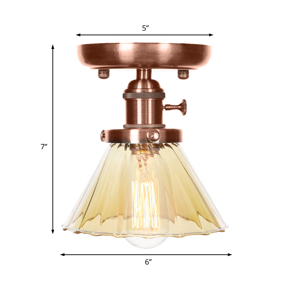 Industrial Weathered Copper Semi Flush Light with Clear/Amber Glass - 1 Light Cone/Bell Fixture