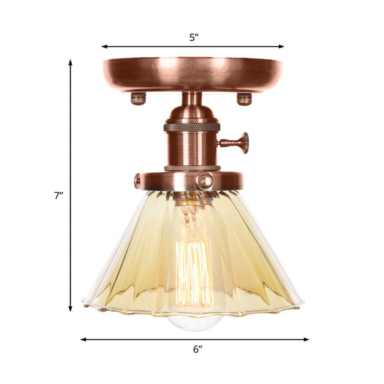 Industrial Weathered Copper Semi Flush Light with Clear/Amber Glass - 1 Light Cone/Bell Fixture