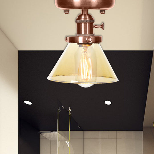 Industrial Weathered Copper Semi Flush Light with Clear/Amber Glass - 1 Light Cone/Bell Fixture