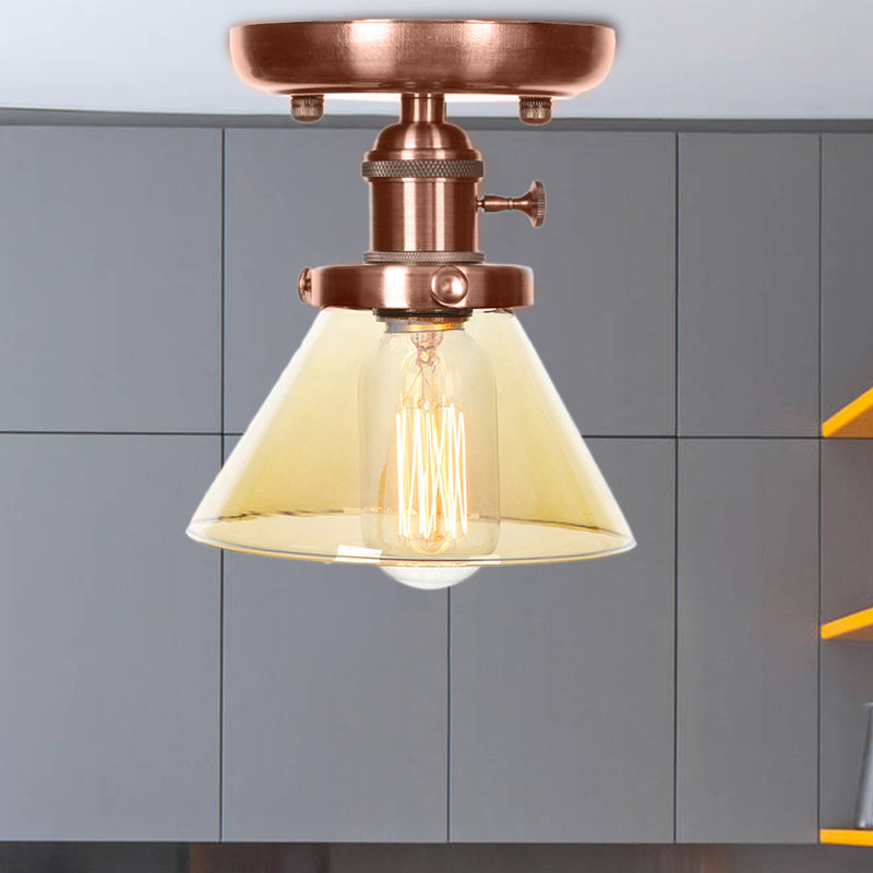 Industrial Weathered Copper Semi Flush Light with Clear/Amber Glass - 1 Light Cone/Bell Fixture