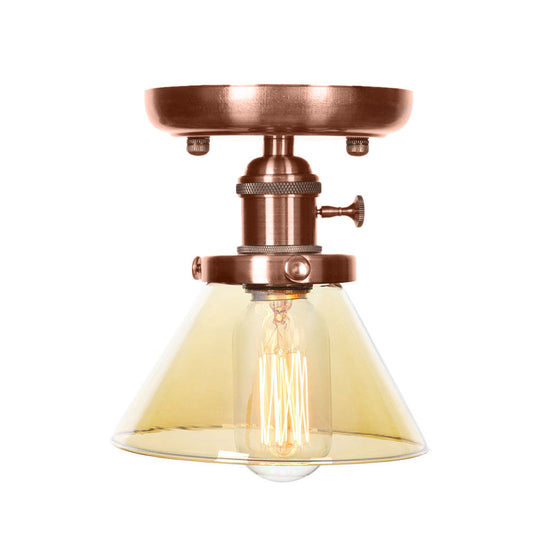 Industrial Weathered Copper Semi Flush Light with Clear/Amber Glass - 1 Light Cone/Bell Fixture