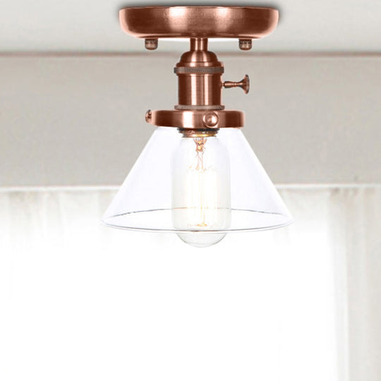 Industrial Weathered Copper Semi Flush Light with Clear/Amber Glass - 1 Light Cone/Bell Fixture