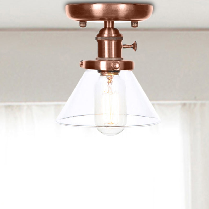 Industrial Weathered Copper Semi Flush Light With Clear/Amber Glass - 1 Cone/Bell Fixture Clear /