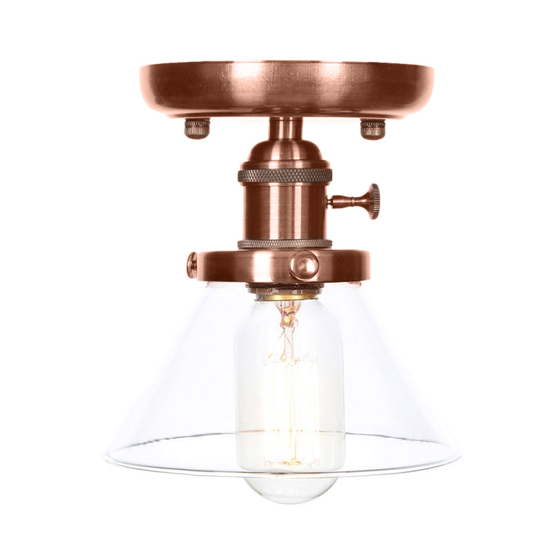 Industrial Weathered Copper Semi Flush Light with Clear/Amber Glass - 1 Light Cone/Bell Fixture