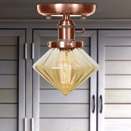 Industrial Weathered Copper Semi Flush Light with Clear/Amber Glass - 1 Light Cone/Bell Fixture