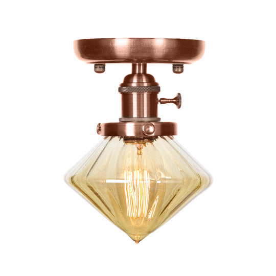 Industrial Weathered Copper Semi Flush Light with Clear/Amber Glass - 1 Light Cone/Bell Fixture