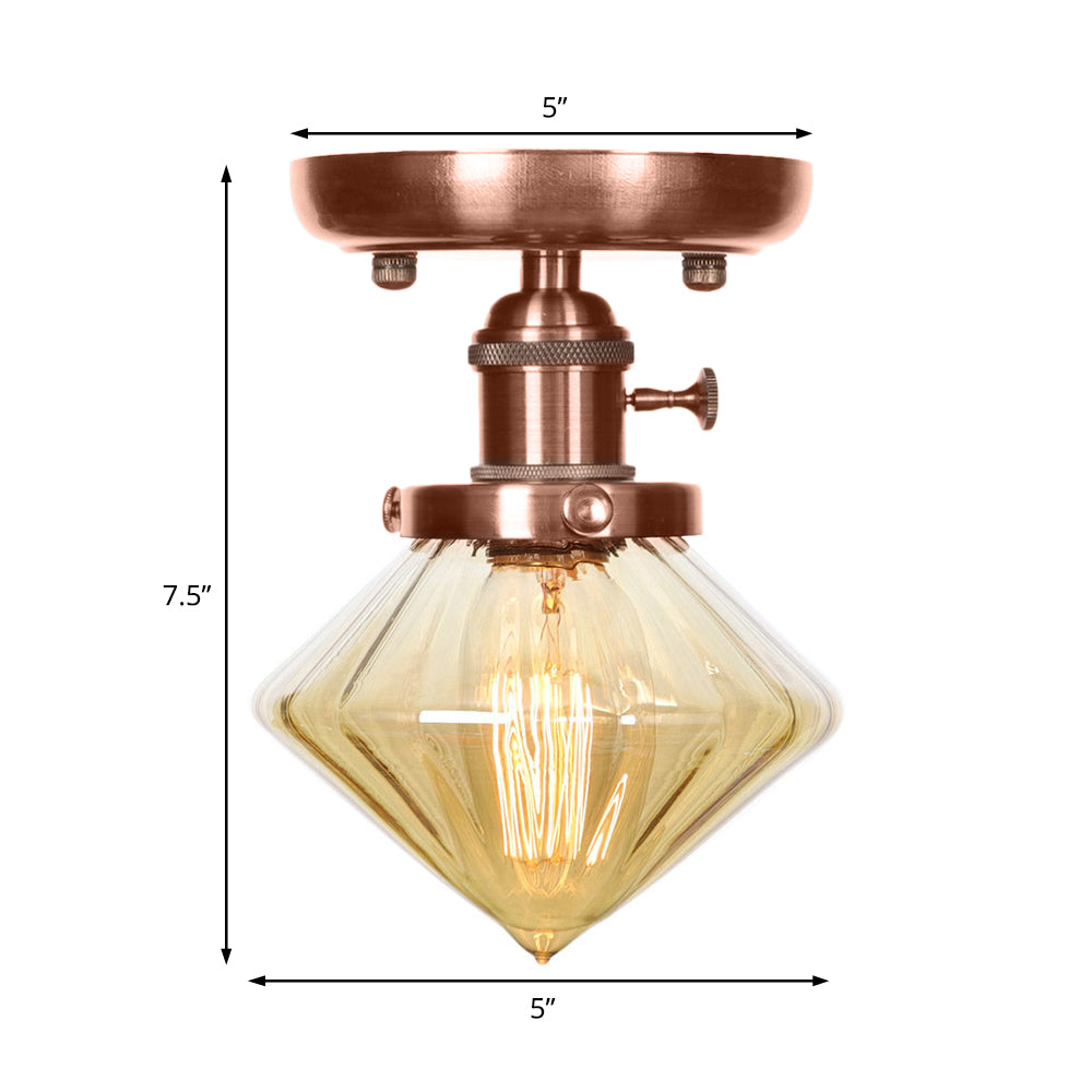 Industrial Weathered Copper Semi Flush Light with Clear/Amber Glass - 1 Light Cone/Bell Fixture