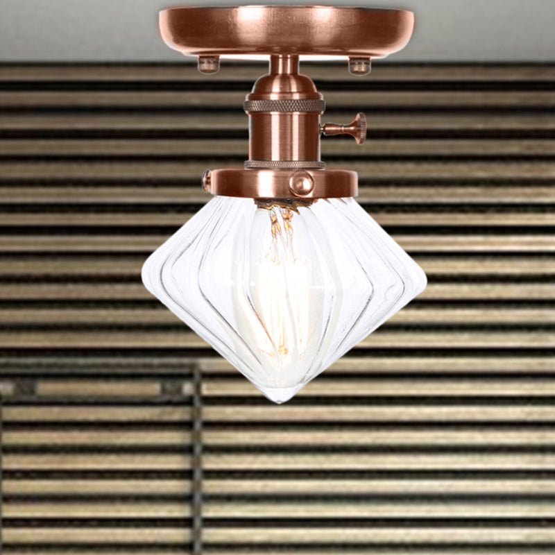 Industrial Weathered Copper Semi Flush Light with Clear/Amber Glass - 1 Light Cone/Bell Fixture