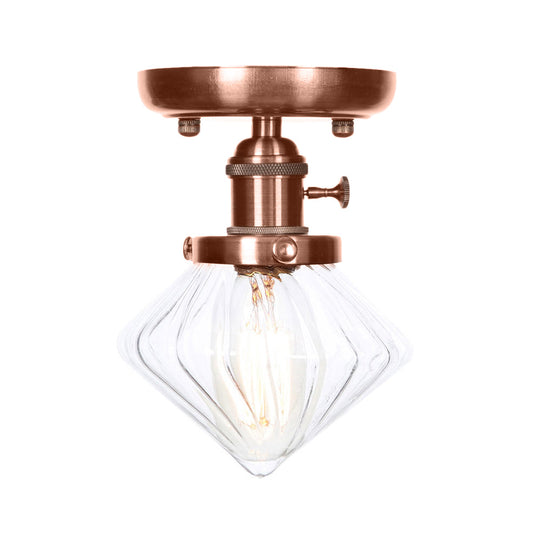 Industrial Weathered Copper Semi Flush Light with Clear/Amber Glass - 1 Light Cone/Bell Fixture