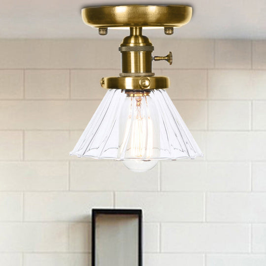 1-Light Clear/Amber Glass Ceiling Lighting - Industrial Brass Cone/Rhombus/Bell Semi Flush Mount for Dining Room