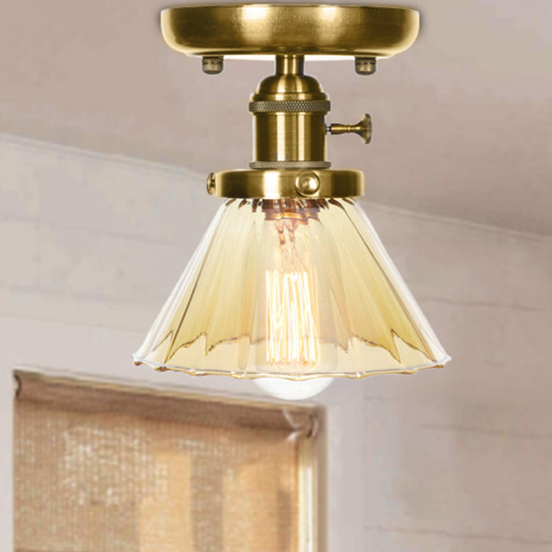 1-Light Clear/Amber Glass Ceiling Lighting - Industrial Brass Cone/Rhombus/Bell Semi Flush Mount for Dining Room