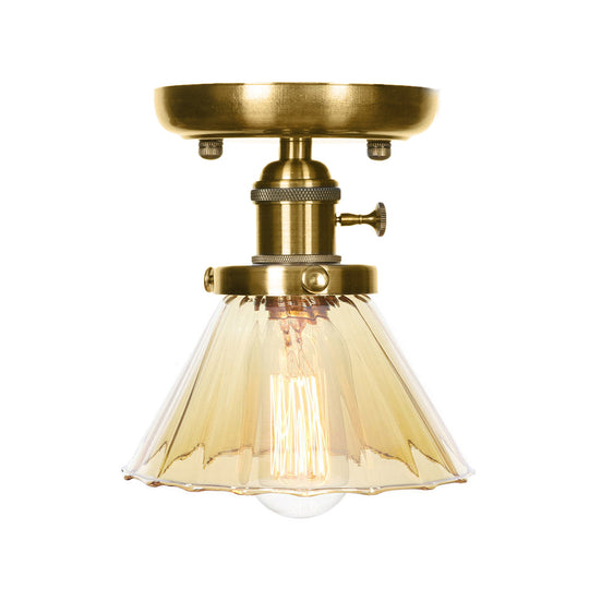 1-Light Clear/Amber Glass Ceiling Lighting - Industrial Brass Cone/Rhombus/Bell Semi Flush Mount for Dining Room