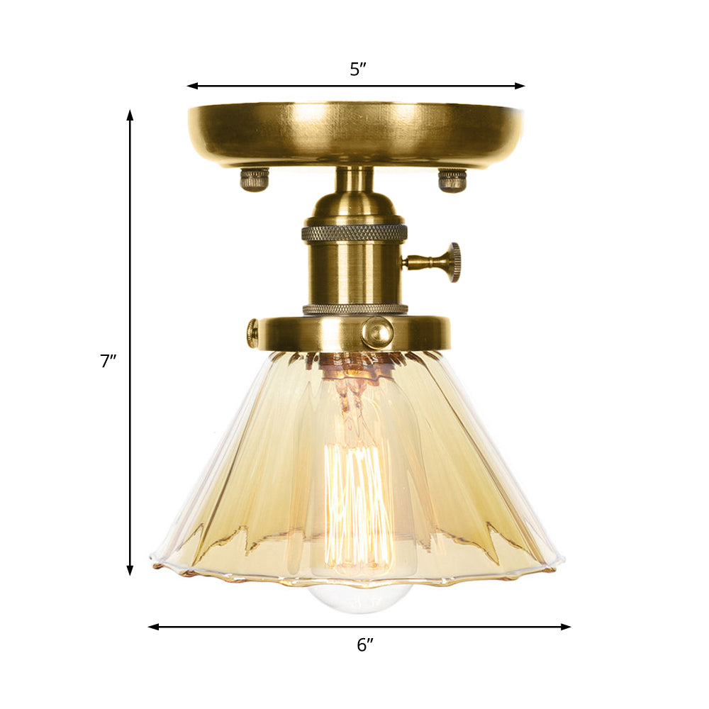 1-Light Clear/Amber Glass Ceiling Lighting - Industrial Brass Cone/Rhombus/Bell Semi Flush Mount for Dining Room