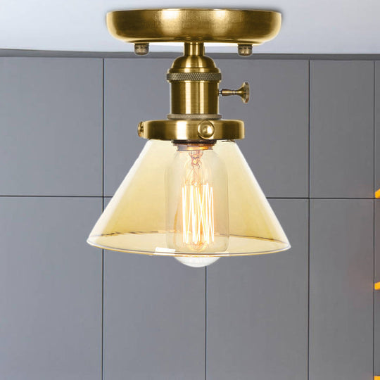 1-Light Clear/Amber Glass Ceiling Lighting - Industrial Brass Cone/Rhombus/Bell Semi Flush Mount for Dining Room