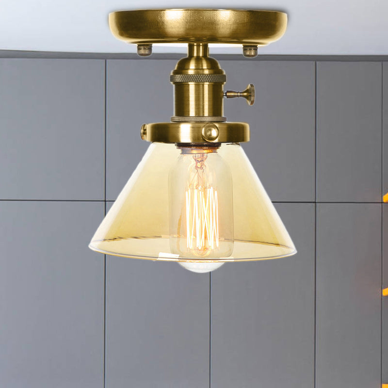 1-Light Clear/Amber Glass Ceiling Lighting - Industrial Brass Cone/Rhombus/Bell Semi Flush Mount For