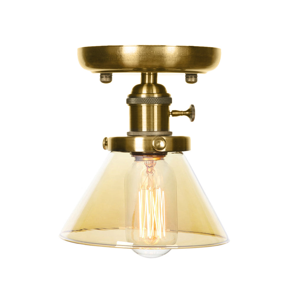 1-Light Clear/Amber Glass Ceiling Lighting - Industrial Brass Cone/Rhombus/Bell Semi Flush Mount for Dining Room